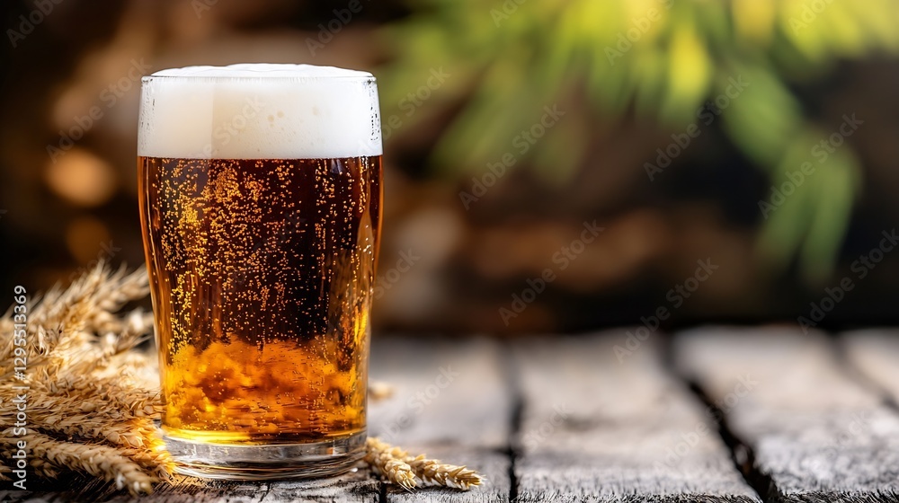 Refreshing glass of beer with golden bubbles and foam sitting on rustic wooden table : Generative AI Refreshing glass of beer with golden bubbles and foam sitting on rustic wooden table : Generative AI