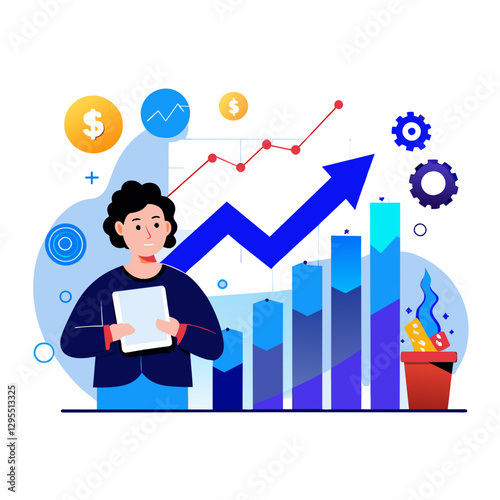 Businesswoman in professional attire holding a tablet, observing charts and graphs depicting positive growth; a modern, flat design business concept illustration for a stock image platform.