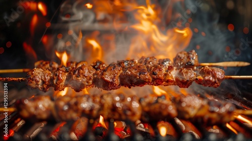Skewered kebabs being flipped on a barbecue grill, with flames dancing beneath the sizzling meat, captured in vivid, realistic detail.