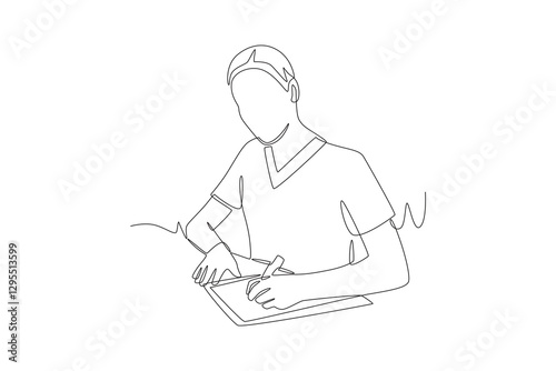 The doctor is filling out the clinic documents. Filling out clinic paperwork concept one-line drawing