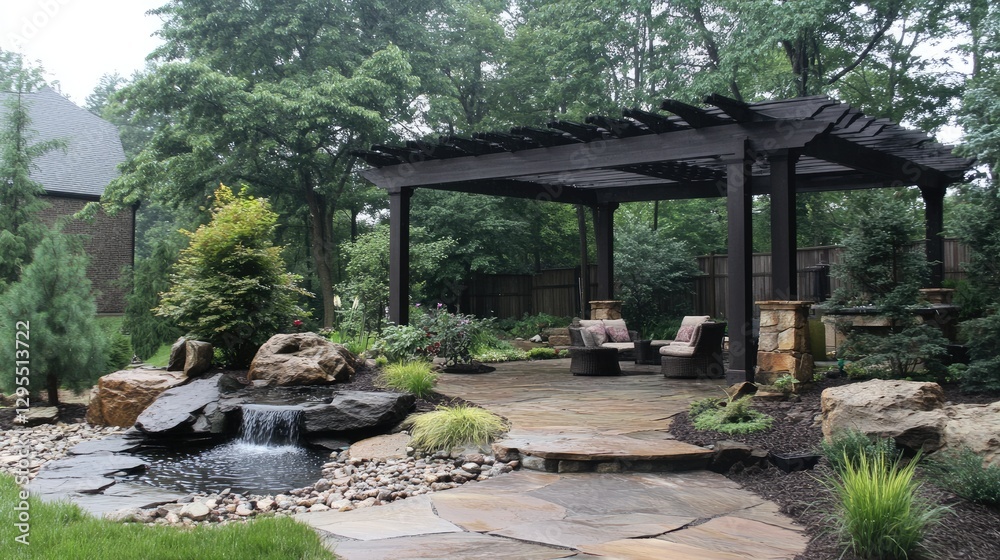 A rock garden with a pergola-covered seating area. A rock garden with a pergola-covered seating area.