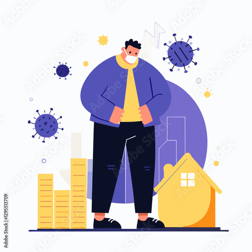 Adult male in casual wear, wearing a face mask, standing with hands on waist, amidst economic indicators and virus imagery. Concerned business professional in urban setting.