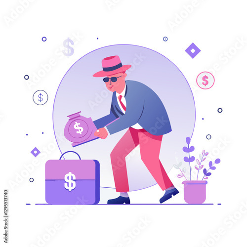 Businessman placing money in briefcase in modern setting. Adult male in stylish suit and hat, placing money in case, in a business environment.