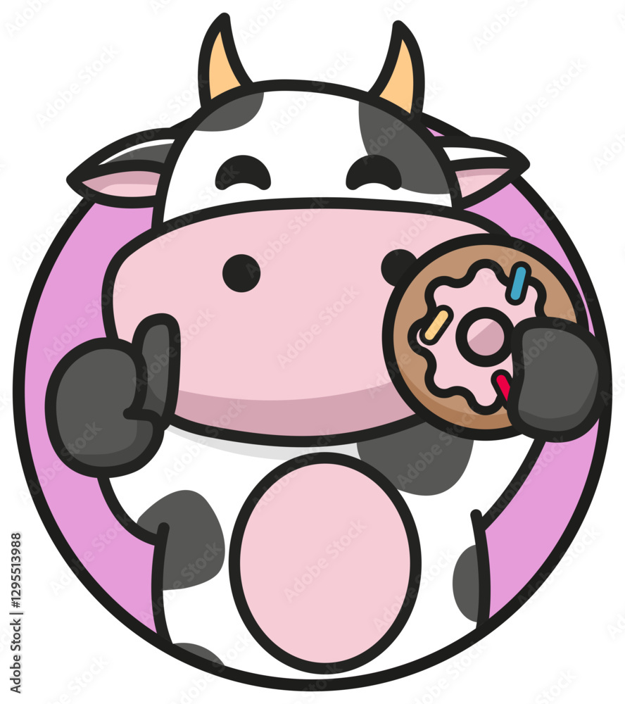 Naklejka premium Cute cow eating a donut vector mascot