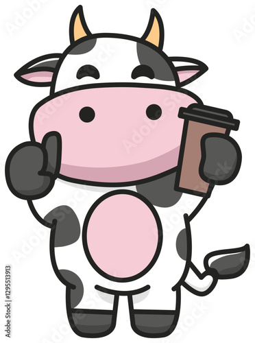 Cute cow bring a cup of coffee vector mascot illustration