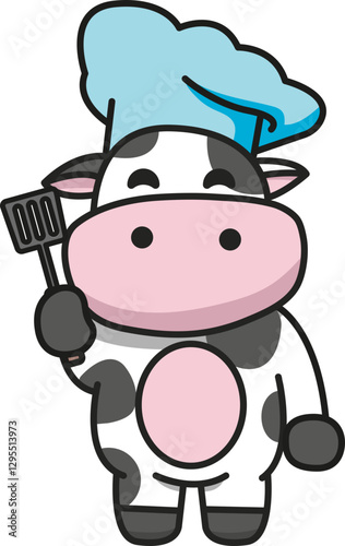 Cute cow chef holding a spatula vector mascot