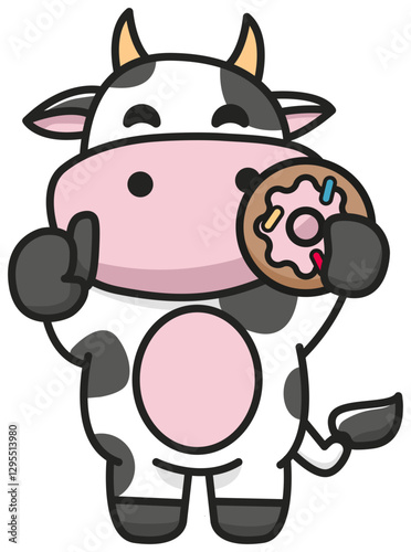 Cute cow eating a donut vector mascot