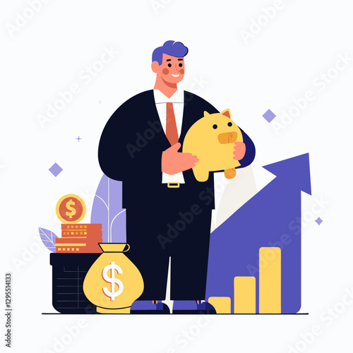 Businessman with a positive financial outlook holding a piggy bank with a rising graph background. Mid adult male in a suit with a growth chart background.