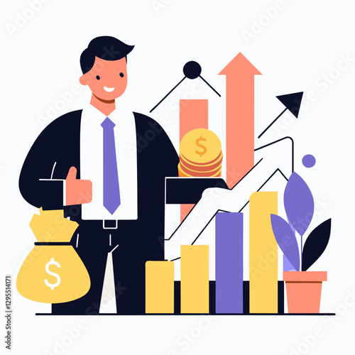 Businessman with positive financial outlook in corporate attire. Giving a thumbs up gesture in front of growing financial graphs.