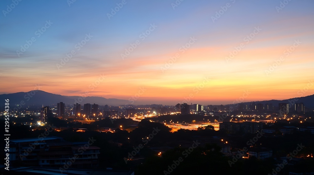 Dramatic Cityscape View at Twilight with Colorful Urban Lights Illuminating the Skyline and Mountains : Generative AI Dramatic Cityscape View at Twilight with Colorful Urban Lights Illuminating the Skyline and Mountains : Generative AI