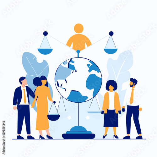 Global justice professionals in formal attire observe a large scale model of the Earth, balanced by scales of justice. A diverse group of professionals stands thoughtfully.