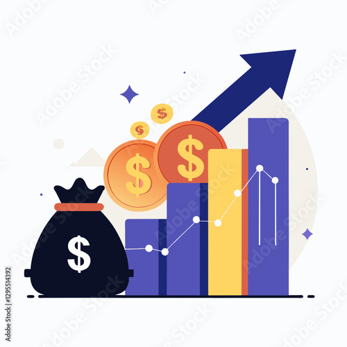 Financial growth illustration with money bag and graph. Increasing financial indicators with money bag and rising graph in a modern style.