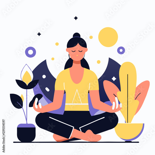 Young woman in a yellow top and dark pants practicing yoga in a serene setting. Female yoga instructor demonstrating meditation in a home studio.
