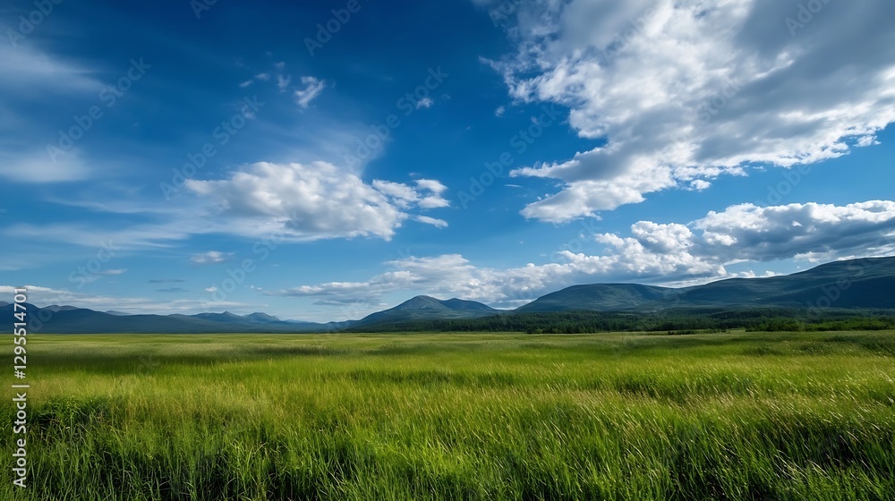 Expansive green meadow under a bright sky with fluffy clouds and distant mountains : Generative AI Expansive green meadow under a bright sky with fluffy clouds and distant mountains : Generative AI