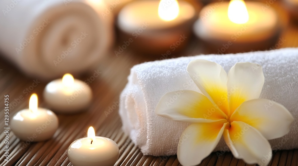 Relaxing spa setting with towels, candles, and a beautiful flower creating a serene atmosphere : Generative AI Relaxing spa setting with towels, candles, and a beautiful flower creating a serene atmosphere : Generative AI