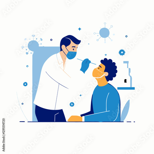Medical professional in protective clothing examines patient in face mask during health screening. Doctor performs nasal swab test on patient in medical clinic.
