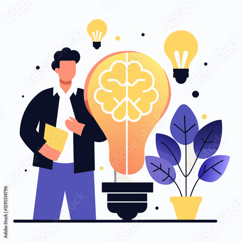 A male professional in business attire presenting a conceptual idea, illuminated by a lightbulb representing innovation in a modern office setting.