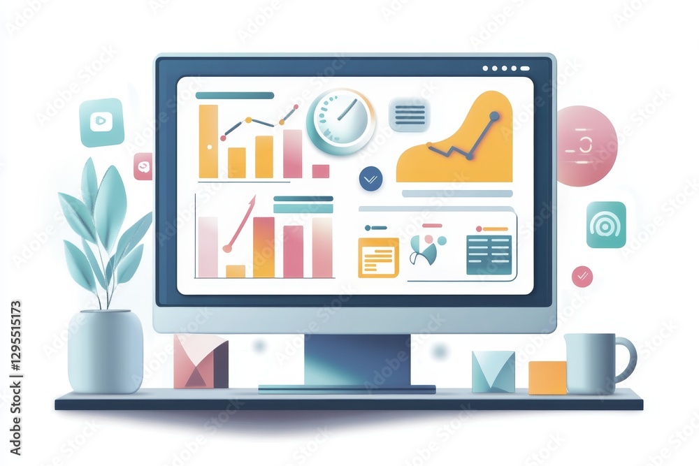 Minimalistic digital marketing dashboard with data graphs and social media icons on desk Minimalistic digital marketing dashboard with data graphs and social media icons on desk