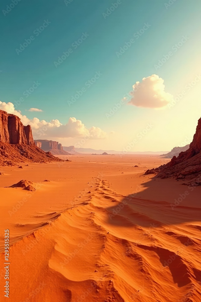 Naklejka premium Desert landscape with a vast empty sky and no clouds, empty, orange