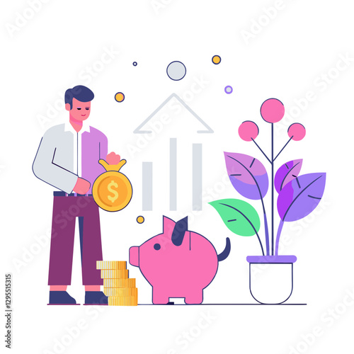 A male professional in a light colored shirt and dark colored pants, putting money in a piggy bank with a growing graph behind them. Businessman putting money into savings in modern office space.