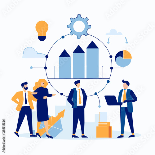 Business team collaborating on growth strategies in a modern office setting. Diverse professionals in formal attire discussing data analysis and progress in a corporate environment.