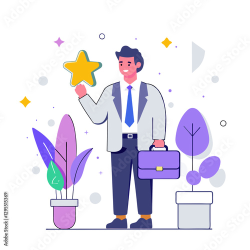 A happy adult male in a business suit holds a star, standing in an office setting with plants. Successful businessman displaying positive feedback in a modern office environment.