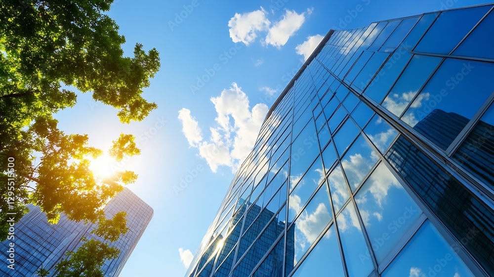 Modern skyscrapers reflecting the clear blue sky and fluffy clouds in a vibrant city landscape : Generative AI Modern skyscrapers reflecting the clear blue sky and fluffy clouds in a vibrant city landscape : Generative AI