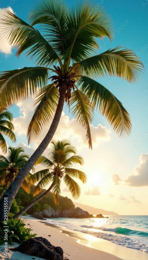 Obraz premium Palm trees sway gently in warm tropical breeze , sandy beach, sunset, palm fronds