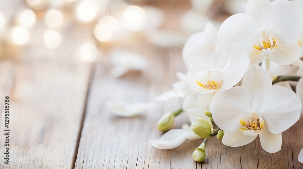 Beautiful arrangement of white orchids on a rustic wooden table with bokeh lights : Generative AI Beautiful arrangement of white orchids on a rustic wooden table with bokeh lights : Generative AI