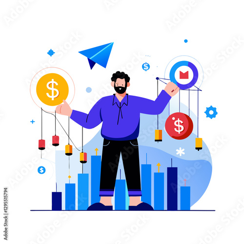 Businessman manipulating financial data with various symbols and graphs in a flat design style.