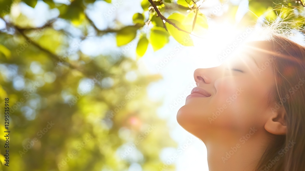 Smiling Woman Enjoying the Warmth of Sunlight Through Tree Leaves During a Beautiful Day Outdoors : Generative AI Smiling Woman Enjoying the Warmth of Sunlight Through Tree Leaves During a Beautiful Day Outdoors : Generative AI