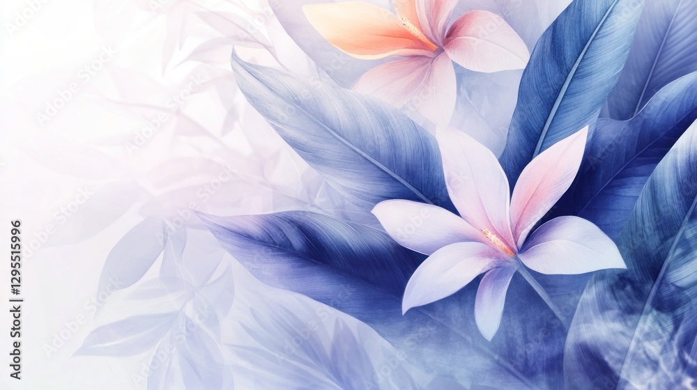 Fototapeta premium Elegant floral artwork featuring lilies and large leaves