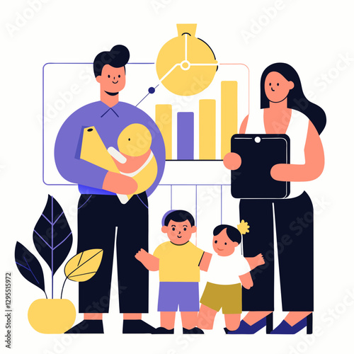 Family with young children gathered in a professional meeting space. Parents and children in casual business attire, presenting in front of a boardroom whiteboard with graphs and charts.