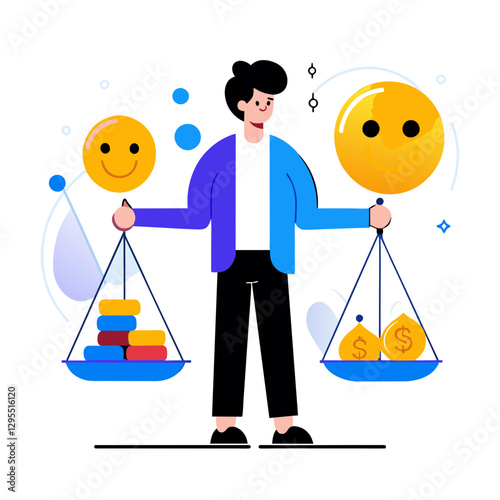 Young adult balancing happiness and financial success in business attire. Standing on a plain background, considering the balance between personal fulfillment and material wealth.