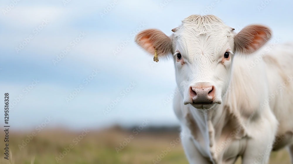 Curious white cow looking at the camera in the green field : Generative AI Curious white cow looking at the camera in the green field : Generative AI