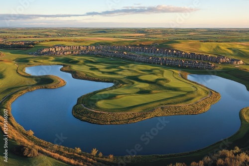 Serene aerial view of a luxurious golf course with a tranquil lake and elegant houses at sunset offering scenic landscape and recreational appeal