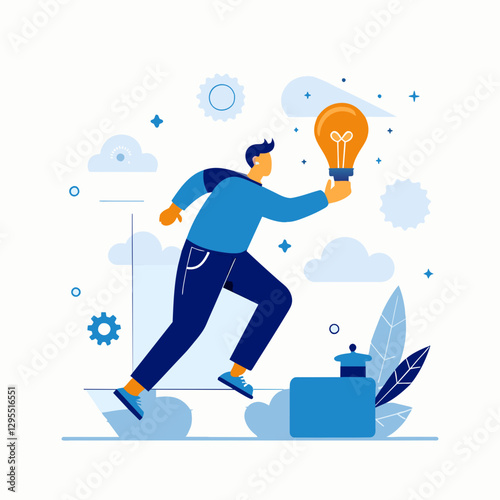 A young adult male in casual clothing, running and holding a lightbulb, in a modern setting with abstract elements. Forward momentum and innovation in a modern workplace environment.