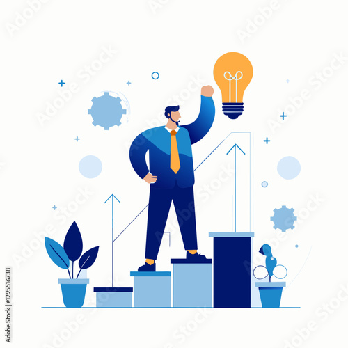 Businessman with middle age demographic in a blue suit and orange tie, standing on steps in a modern office setting. Holding a lightbulb, celebrating success with growth charts.