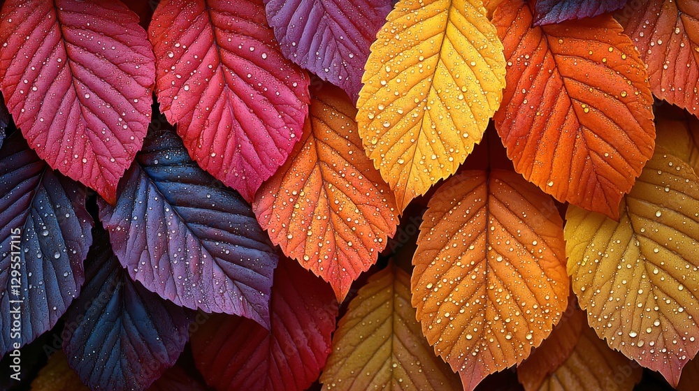 Fototapeta premium Colorful autumn leaves adorned with water droplets cover surface