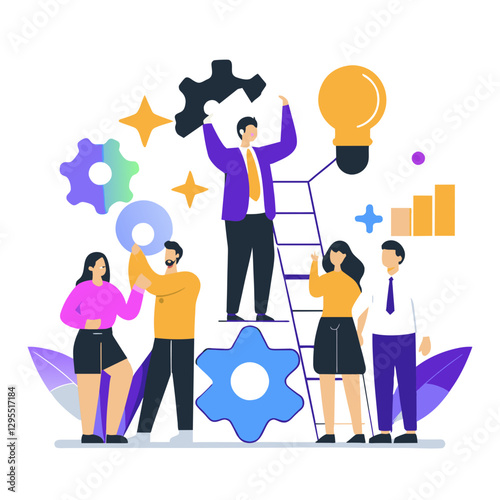 Team collaboration in modern office setting. Diverse professionals working together to achieve common goals on a ladder with gears, stars, and lightbulb in the background.