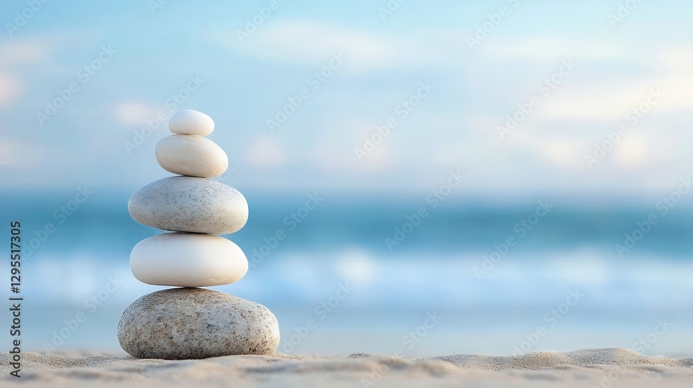 Fototapeta premium Balanced and Serene: Stacked Pebbles on a Tranquil Beach with Ocean Waves : Generative AI