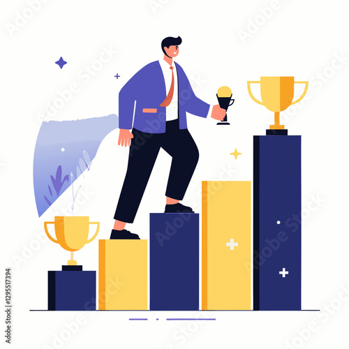 Motivated businessman ascending success stairs with gold trophies, achieving professional goals in a modern office setting. Male professional employee climbing career ladder in corporate environment.