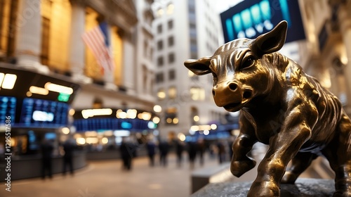 Iconic Golden Bull Statue Standing Proudly in Front of the Stock Exchange Building : Generative AI photo