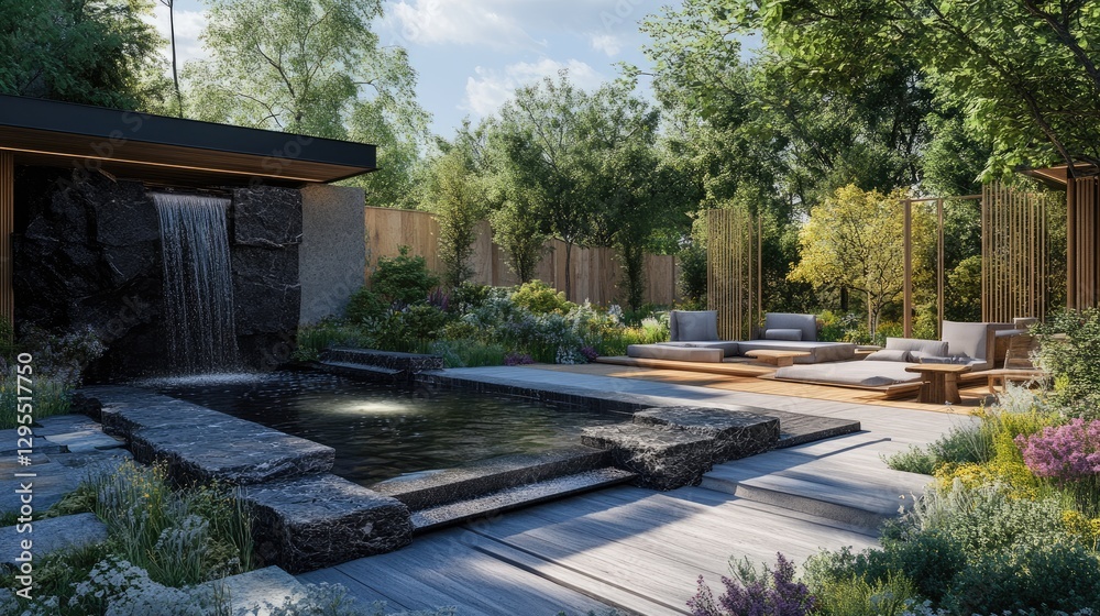 Fototapeta premium A spacious garden with a calming black granite waterfall beside a wooden seating area.