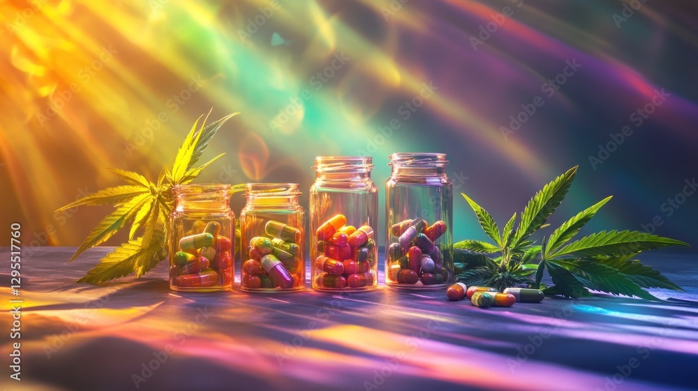 Cannabis Capsules In Glass Jars Illuminated By Light Cannabis Capsules In Glass Jars Illuminated By Light