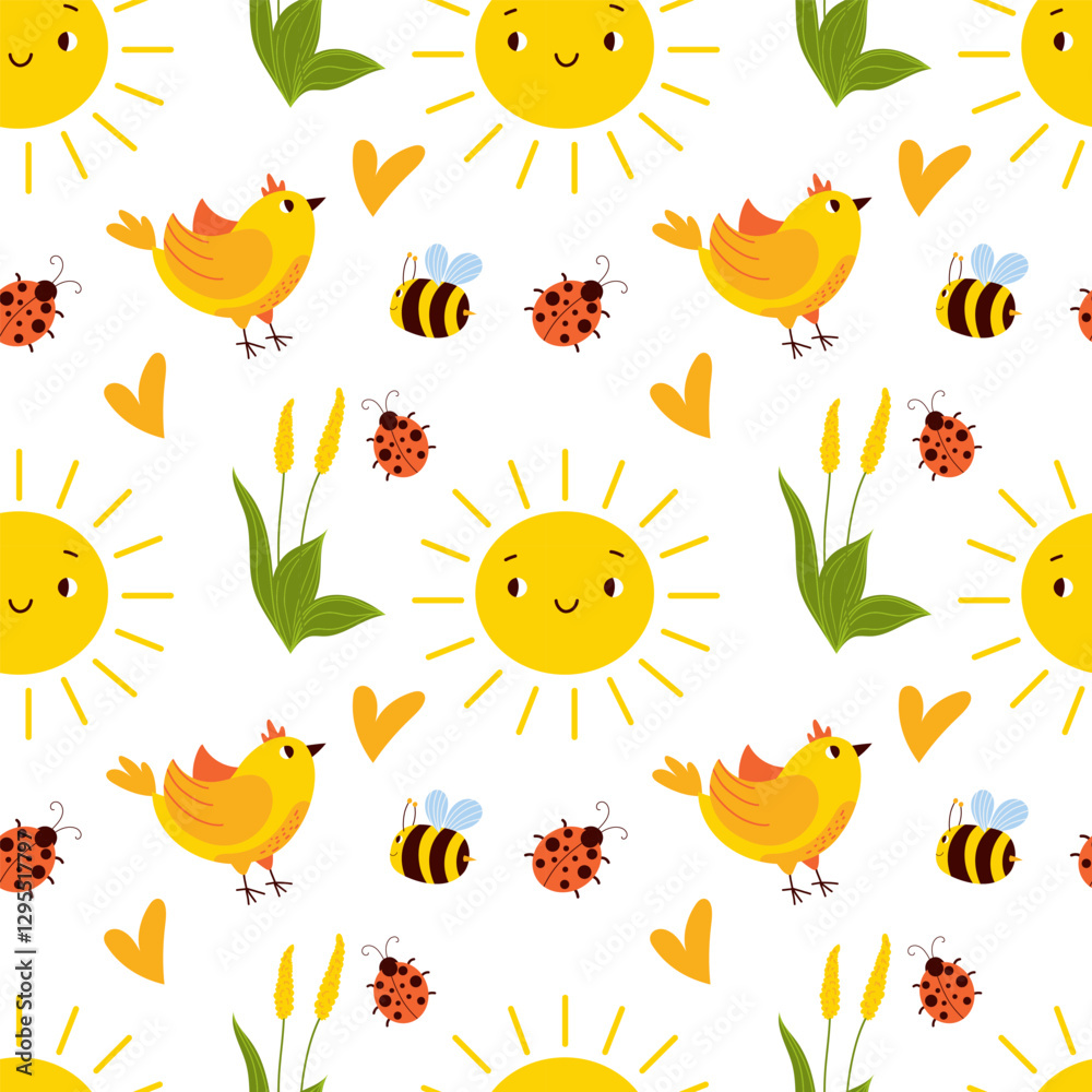 Fototapeta premium Childrens cute pattern, vector flat illustrations, sun, flowers, bee, ladybug, bird seamless pattern, background