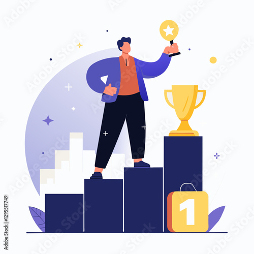 A young adult male in business attire holding a golden trophy, standing on a tiered podium, celebrating success in a modern office setting.