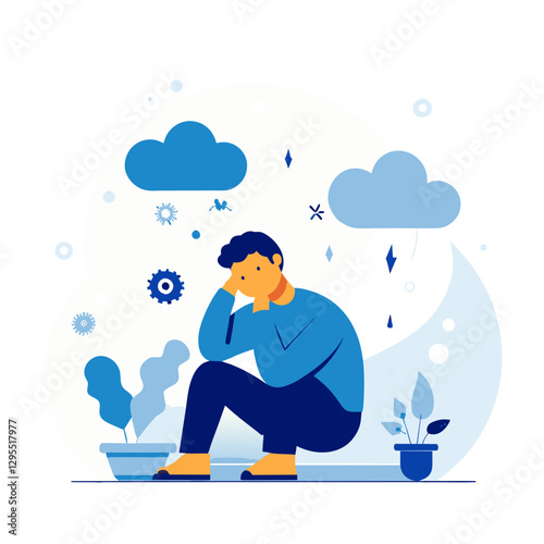 Young man in casual attire sits dejectedly in a location with an overcast sky, demonstrating feelings of stress and isolation. Mental health illustration for wellness campaign in home setting.