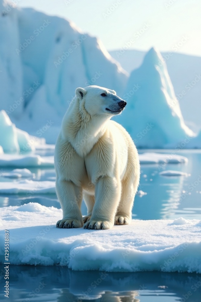 Polar bear standing on Arctic ice with icy landscape behind it, animal habitat, snowy mountains, cold climate Polar bear standing on Arctic ice with icy landscape behind it, animal habitat, snowy mountains, cold climate