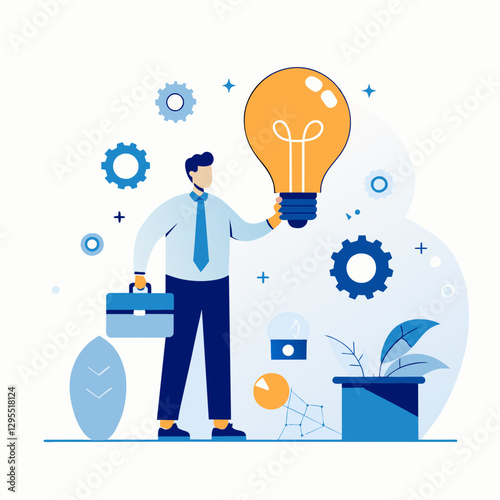 Businessman with a lightbulb idea in a modern office setting. Holding a lightbulb aloft, a man in a business suit and tie, with briefcase, standing against a backdrop of gears, ideas, and technology.